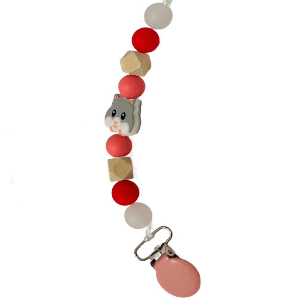 Squirrel Silicone Bead Pacifier Clip, Gray Squirrel Pacifier Holder PBV Free